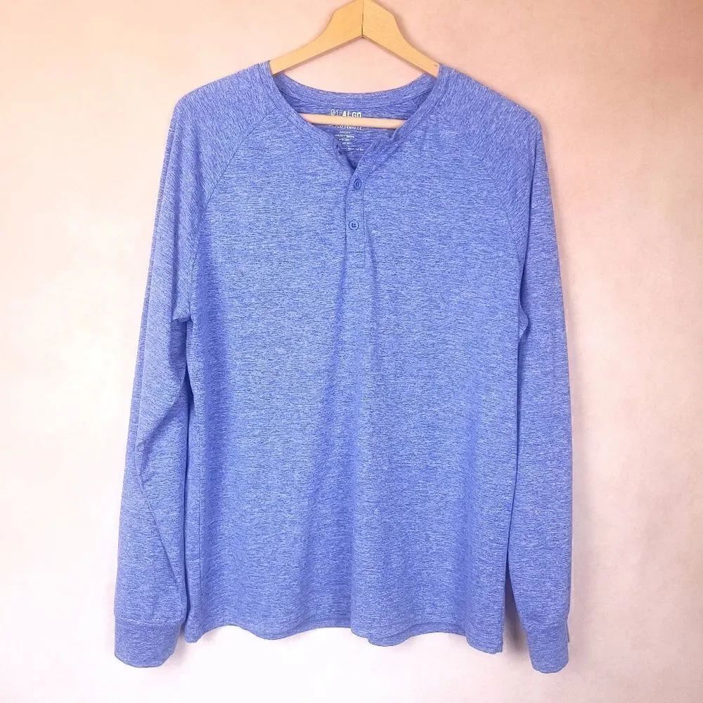 01 Algo 01 Performance Blue Heathered Henley Long Sleeve T-Shirt size L